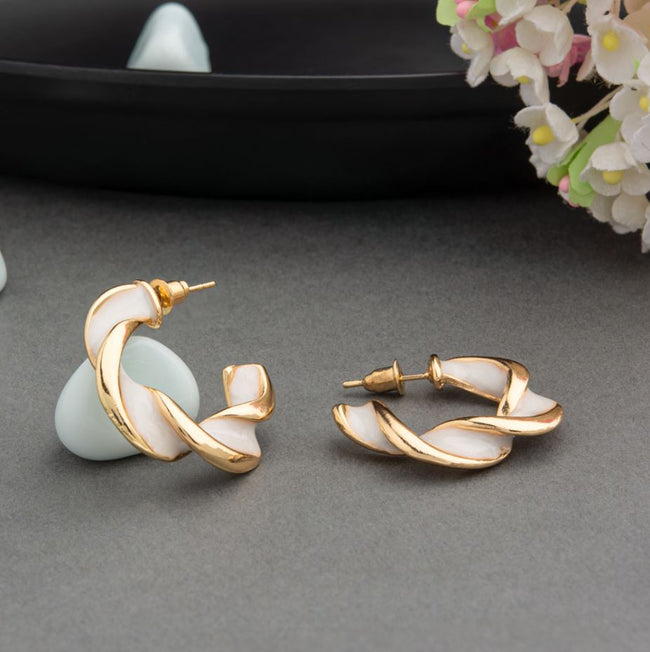 Gold Plated White Enamel Artwork Twisted Style Hoops Earring