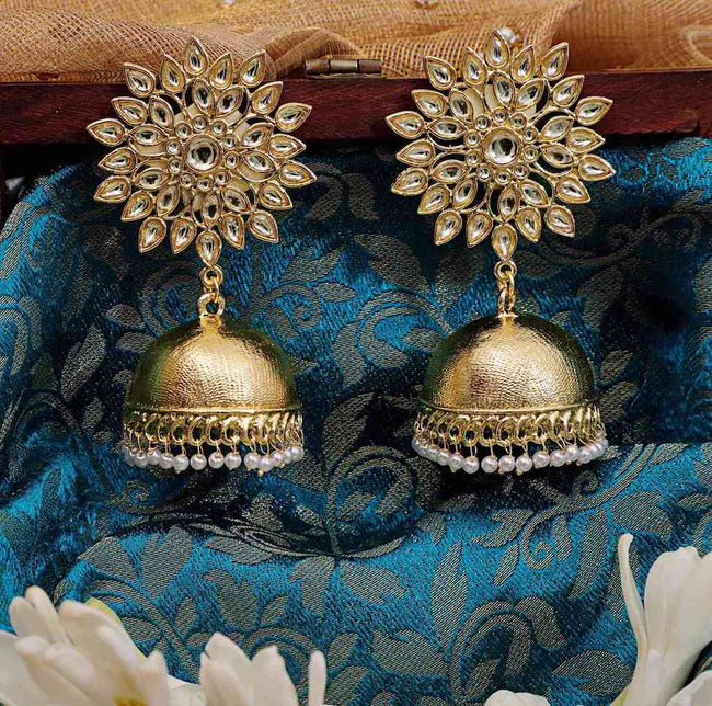 Golden colour kundan statement jhumka earrings for an Indian wedding — handcrafted big jhumkas by Aferando