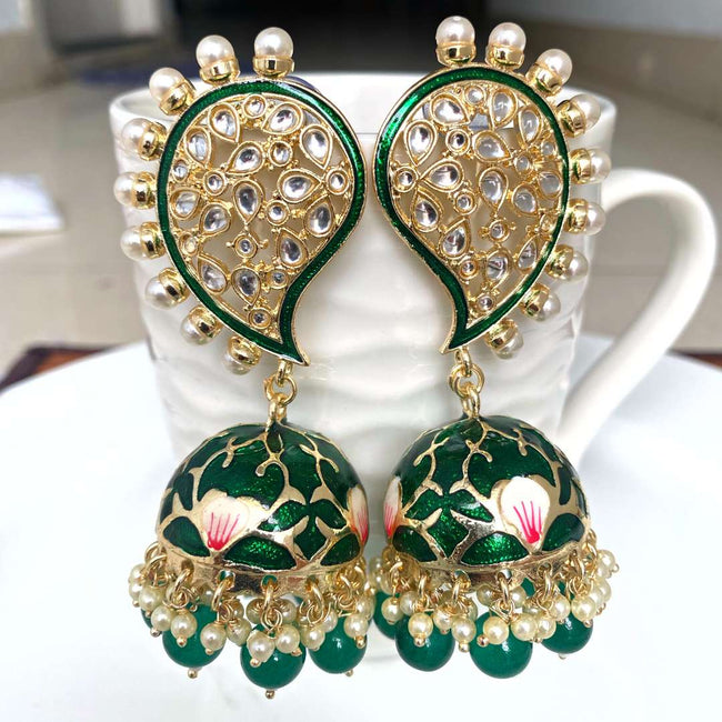 Green Color Meenakari Designer Jhumka Earring