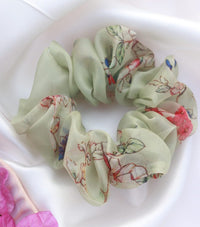 Green Printed Organza Regular Size Hair Scrunchie - Soft & Romantic Accessory