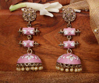 Hand Crafted Pink Colored Meenakari Elegant Jhumki