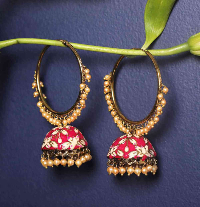 Alia Bhatt inspired hand crafted meenakari Rani colored hoop earrings with pearls for women.