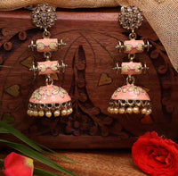 Hand Crafted Peach Colored Meenakari Elegant Jhumki