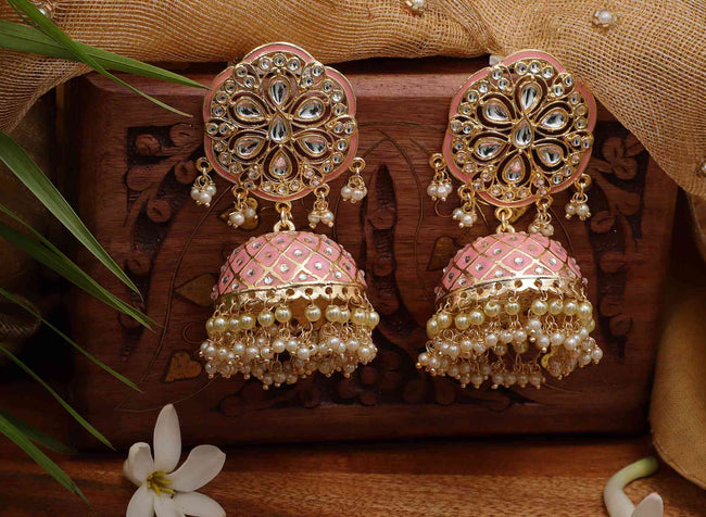 Anushka Sharma Inspired Hand Crafted Meenakari Stunning Kundan Pink Jhumki