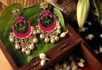 Rani Color Meenakari Pearl Drop Chandbali Earring For Women