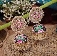 Deepika Padukone Inspired Kundan Green Hand Crafted Meenakari Jhumka