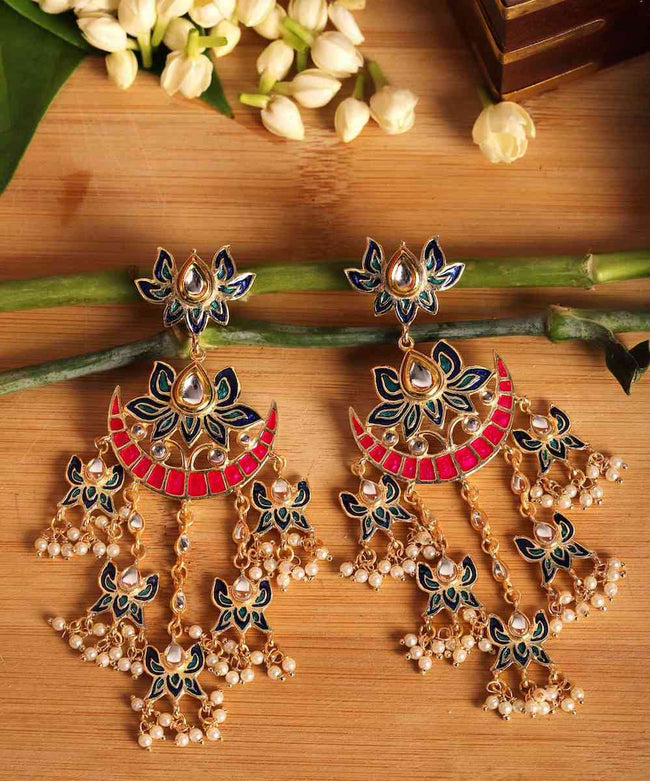 Hand Crafted Meenakari Lotus Chain Chandbali Earring