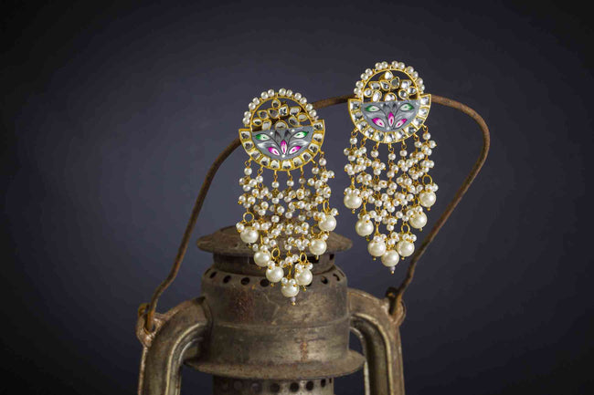 Grey Color Meenakari Pearl hanging earrings for women