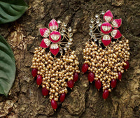 Bollywood Celebrity Inspired Rani Colored Hand Crafted Pearl Meenakari Jhumki
