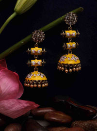 Hand Crafted Yellow Colored Meenakari Elegant Jhumki