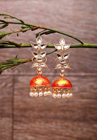 Hand Crafted Exquisite Designer Light Weight Kundan Earring Orange