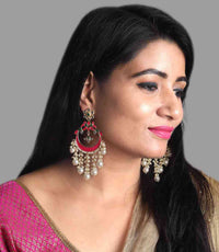Rani Color Meenakari Pearl Drop Chandbali Earring For Women