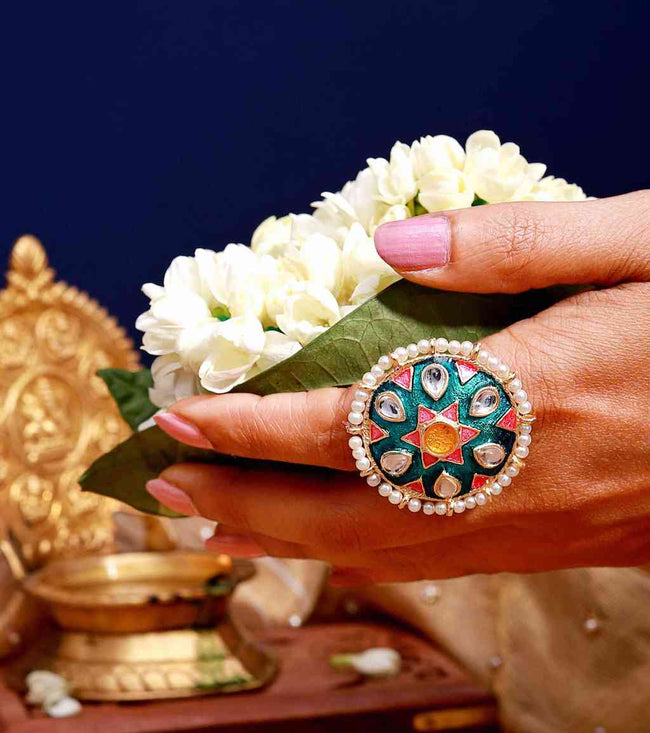 Turquoise Blue Color Meenakari Kundan Rings For Women