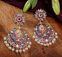 Alia Bhatt Inspired Hand Crafted Meenakari Blue Colored Triple Chandbali