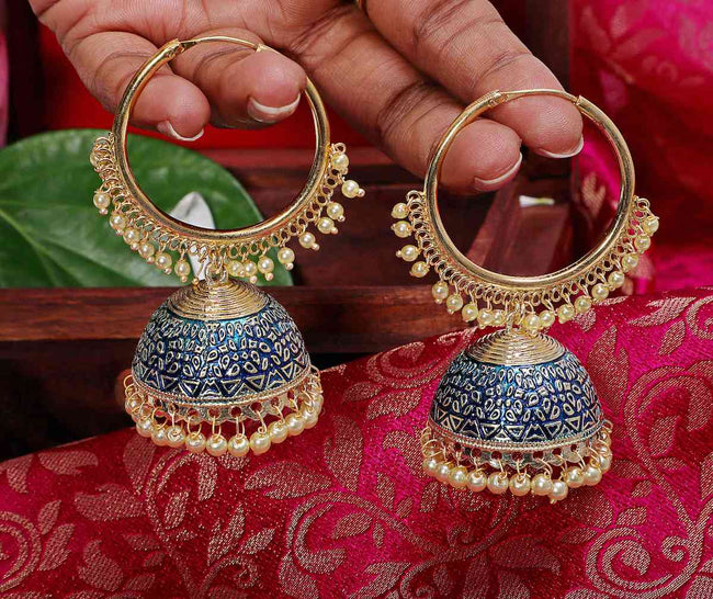 Alia Bhatt Inspired Hand Crafted Blue Colored Golden Hoop Jhumki
