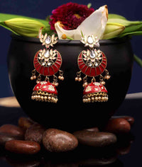 Red Colored Hand Crafted Meenakari Lotus Chandbali
