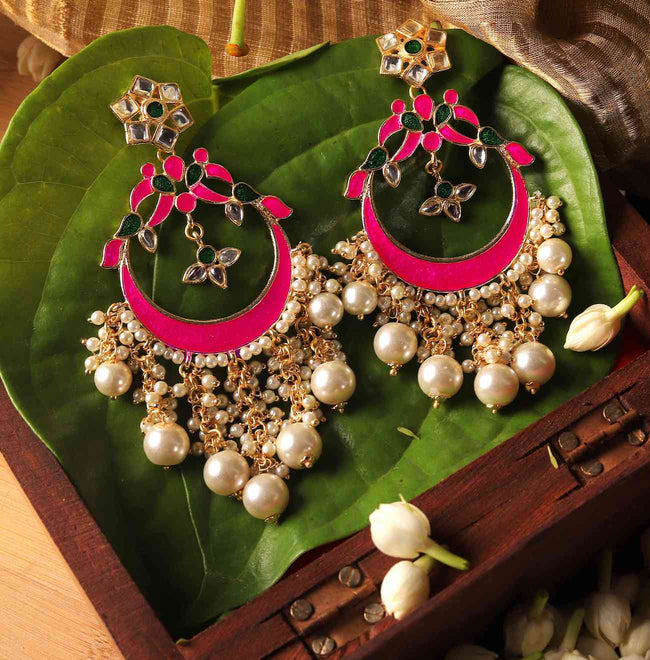 Rani Color Meenakari Pearl Drop Chandbali Earring For Women