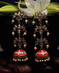 Meenakari Long Chandelier Orange Kundan Jhumki