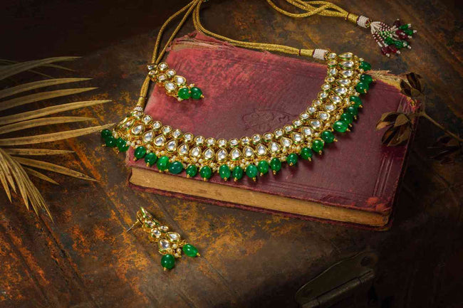 Simple Designer Two Layered Kundan Necklace Set Green