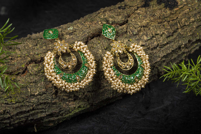 Green Color Meenakari Chandbali Earrings