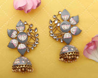 Beautiful grey colored hand crafted lotus Meenakari Jhumka with kundan pearls & meenakari work, Bollywood inspired design