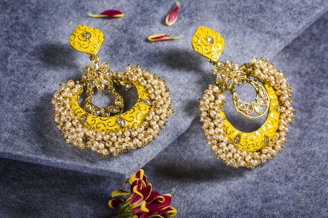 Yellow Color Meenakari Chandbali Earrings 