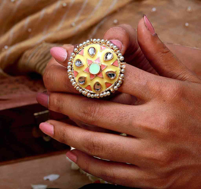 Yellow Color Meenakari Kundan Rings For Women