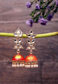 Hand Crafted Exquisite Designer Light Weight Kundan Earring Orange