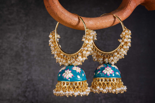 Alia Bhatt Inspired Gorgeous Pearl Meenakari Turquoise Blue Colour Hoop Earring