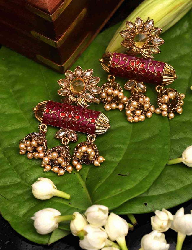 Purple Colored Hand Crafted Meenakari Kundan Jhumki