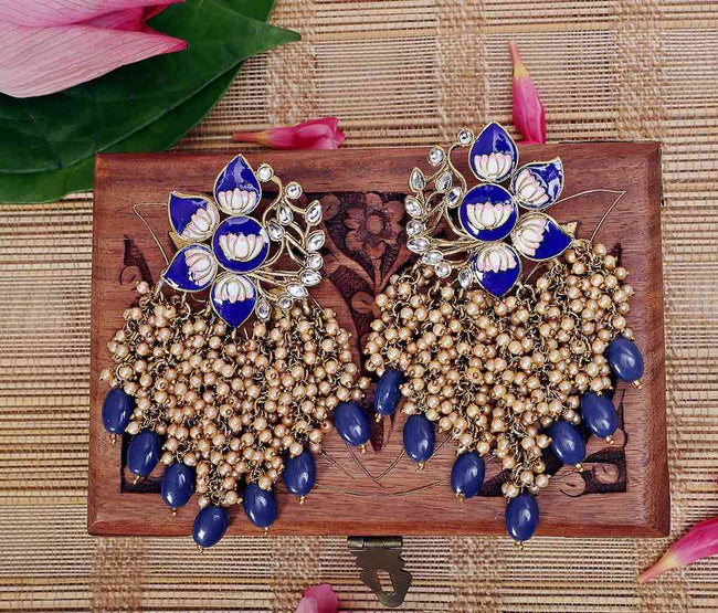 Bollywood Celebrity Inspired Blue Colored Hand Crafted Pearl Meenakari Jhumki