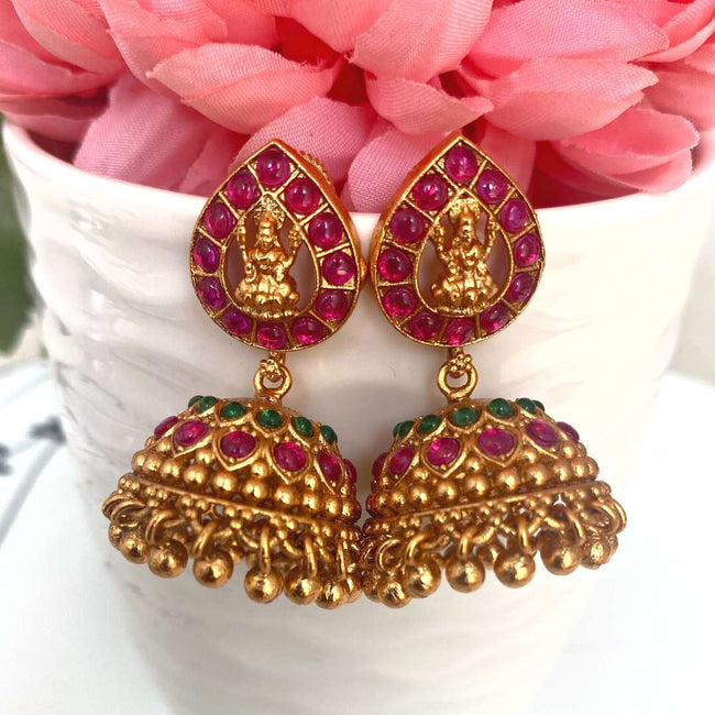 Stunning Antique Lakshmi Temple Jhumka Earrings with Red and Green Beads -  South India Jewels