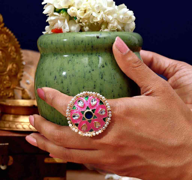 Pink Color Meenakari Kundan Rings For Women  