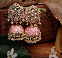 Anushka Sharma Inspired Hand Crafted Meenakari Stunning Kundan Pink Jhumki