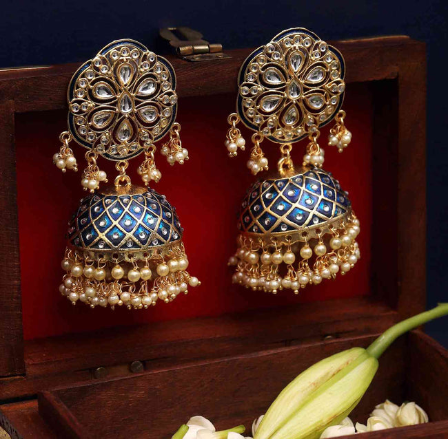 Anushka Sharma Inspired Hand Crafted Meenakari Stunning Kundan Blue Jhumki
