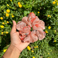 Peach Printed Organza Regular Size Hair Scrunchie - Soft & Romantic Accessory