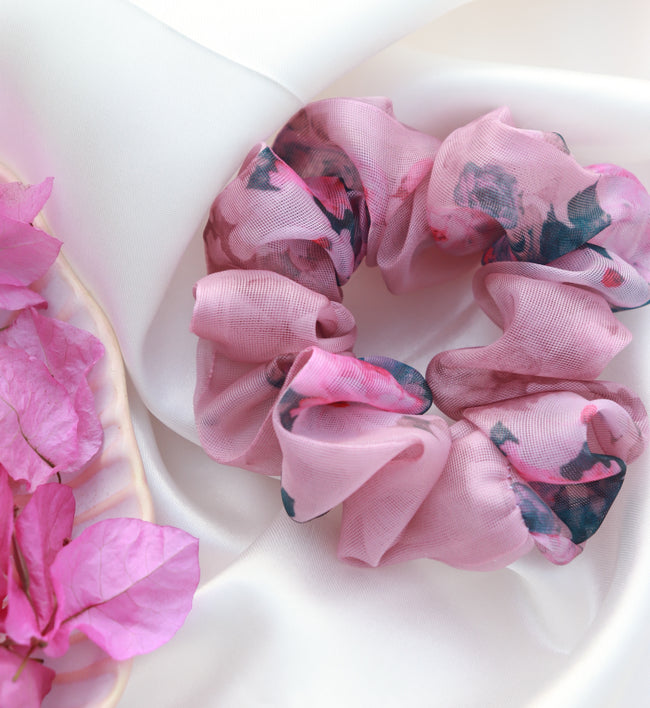 Pink Printed Organza Regular Size Hair Scrunchie - Soft & Romantic Accessory
