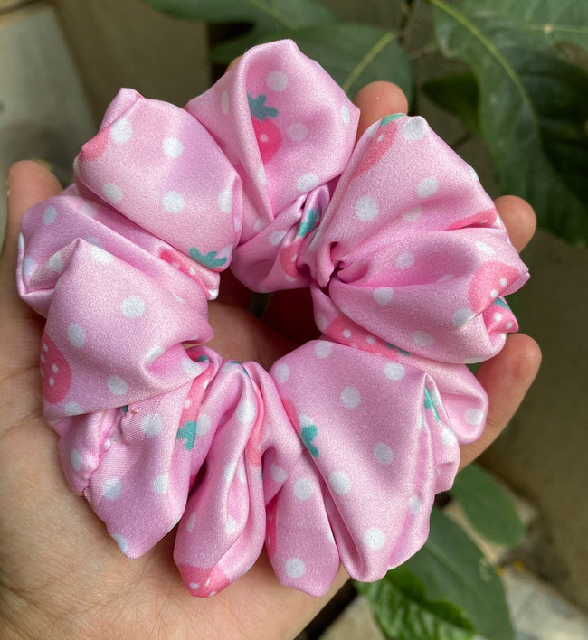 Pink Straberry Print Premium Quality Satin Scrunchie Regular Fluffy  Size - Soft & Silky Hair Accessory