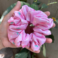 Pink Straberry Print Premium Quality Satin Scrunchie Regular Fluffy  Size - Soft & Silky Hair Accessory
