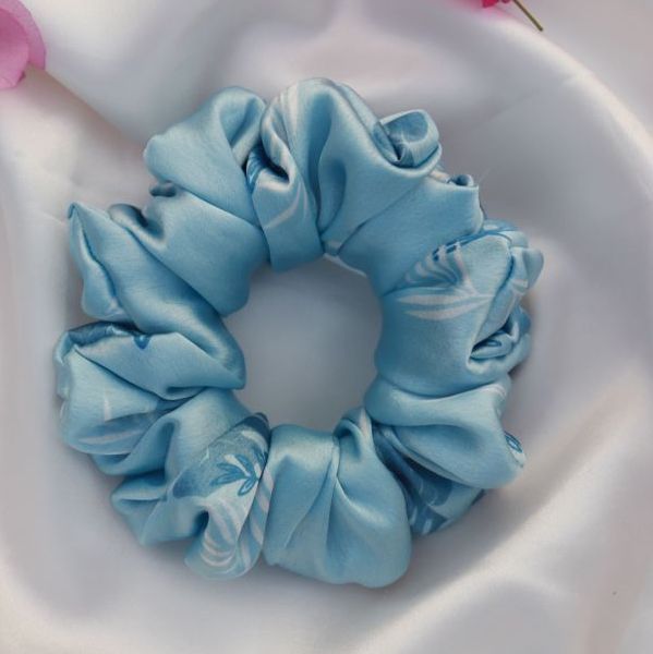 Power Blue Printed Premium Quality Satin Regular Fluffy Size Scrunchie