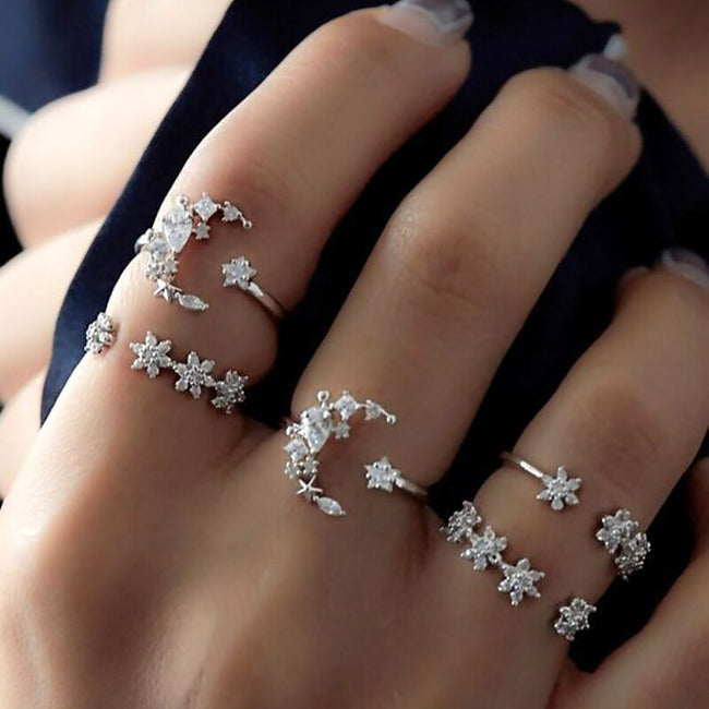 Set Of Five Retro Star Moon Diamond Rings For Women