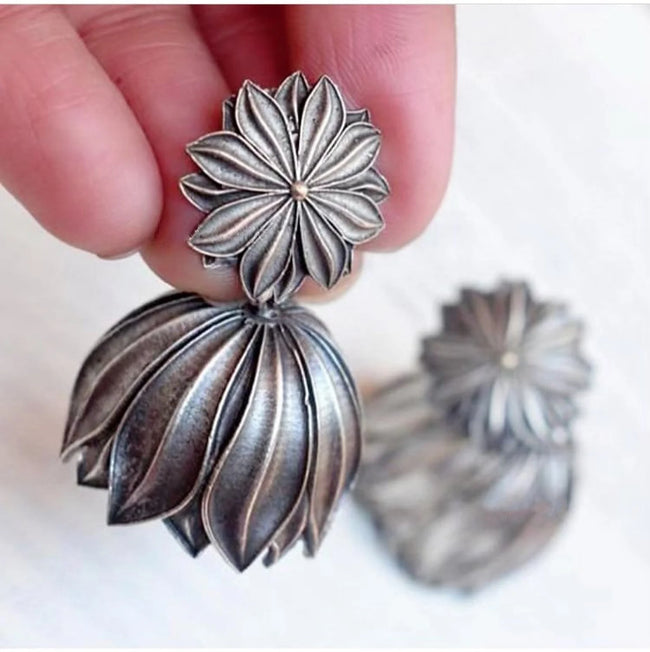 Oxidised Silver Look-alike Brass Leaf Petal Jhumka Earring