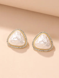 Triangle Shaped Big Statement Pearl Stud Earrings for Women - Surrounded by Rhinestones
