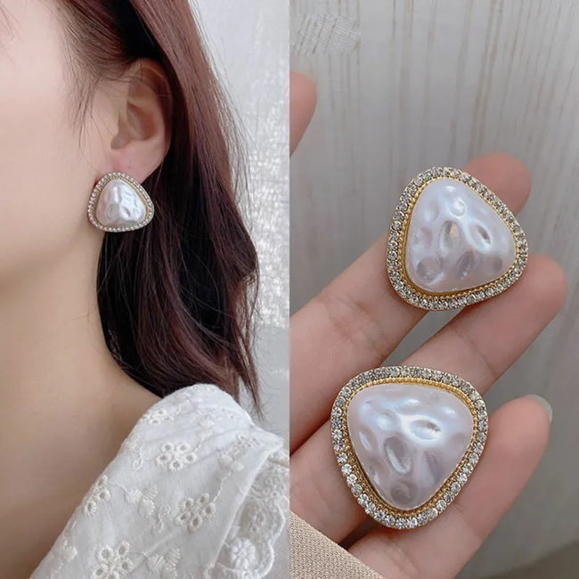 Triangle Shaped Big Statement Pearl Stud Earrings for Women - Surrounded by Rhinestones