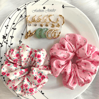 Nine Earrings and Two Printed Satin Scrunchie Combo Set