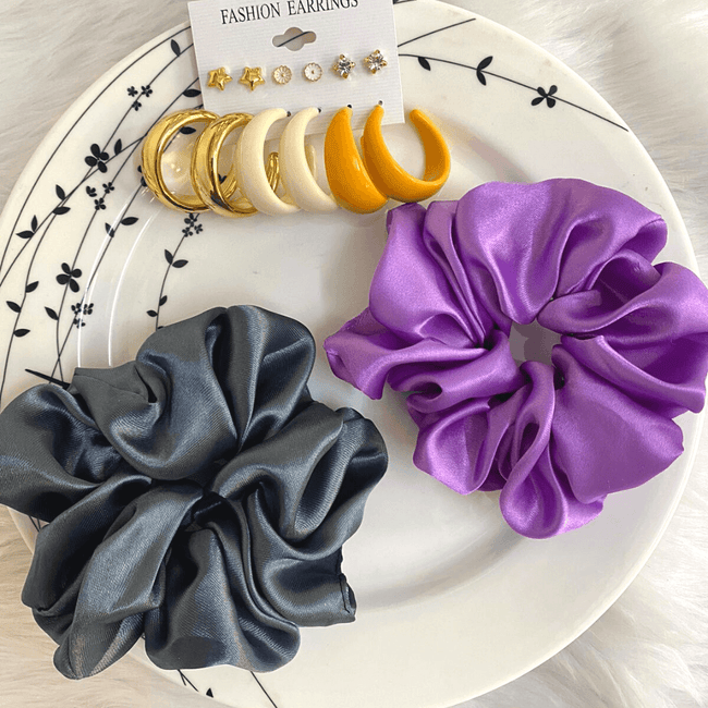 Super Saving Combo Pack of 6 Earrings and 2 Satin Hair Scrunchies