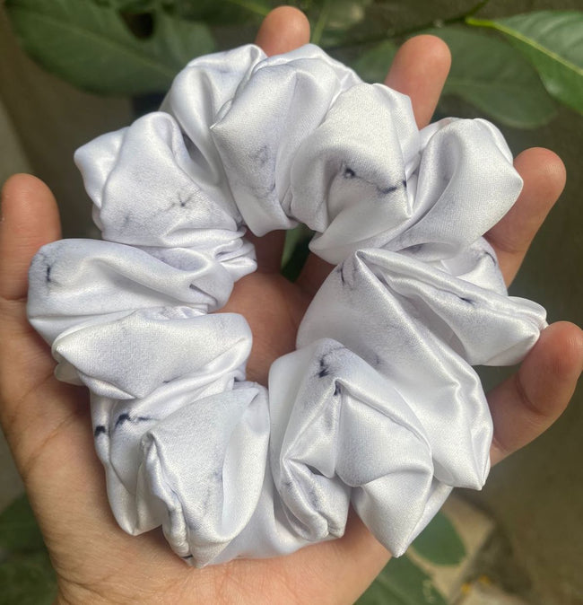 White Marble Prints Premium Quality Satin Scrunchie Regular Fluffy Size