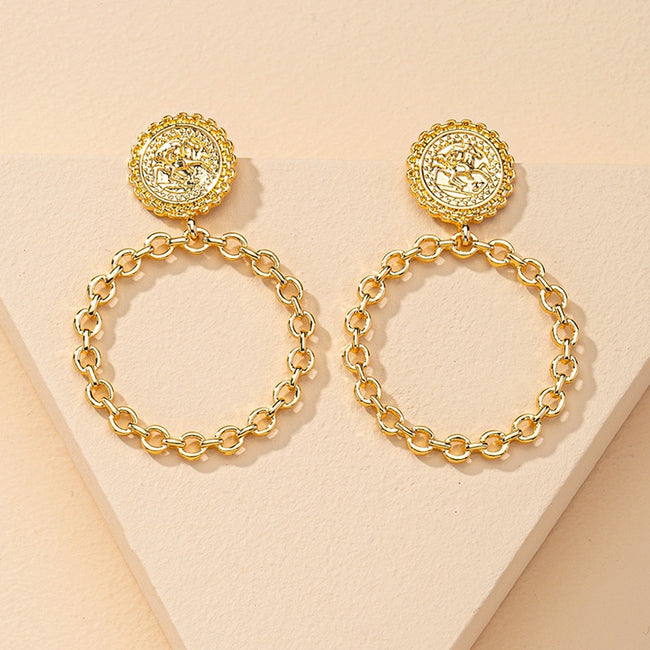  Gold Plated Big Circle Hollow Coin Link Earrings For Women and Girls