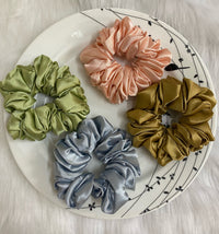 4 pack of large satin hair scrunchies in assorted colors