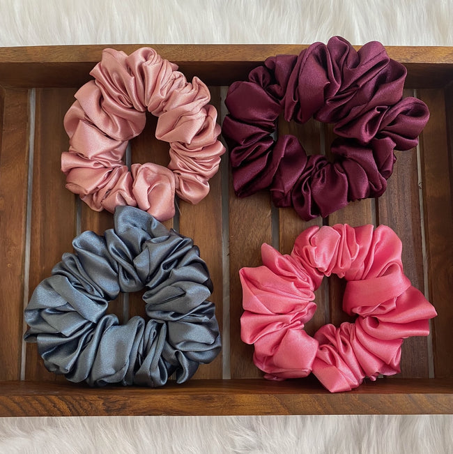 Combo Pack Of Four Large Satin Hair Scrunchies - Assorted Colors for Stylish Hair Accessorizing